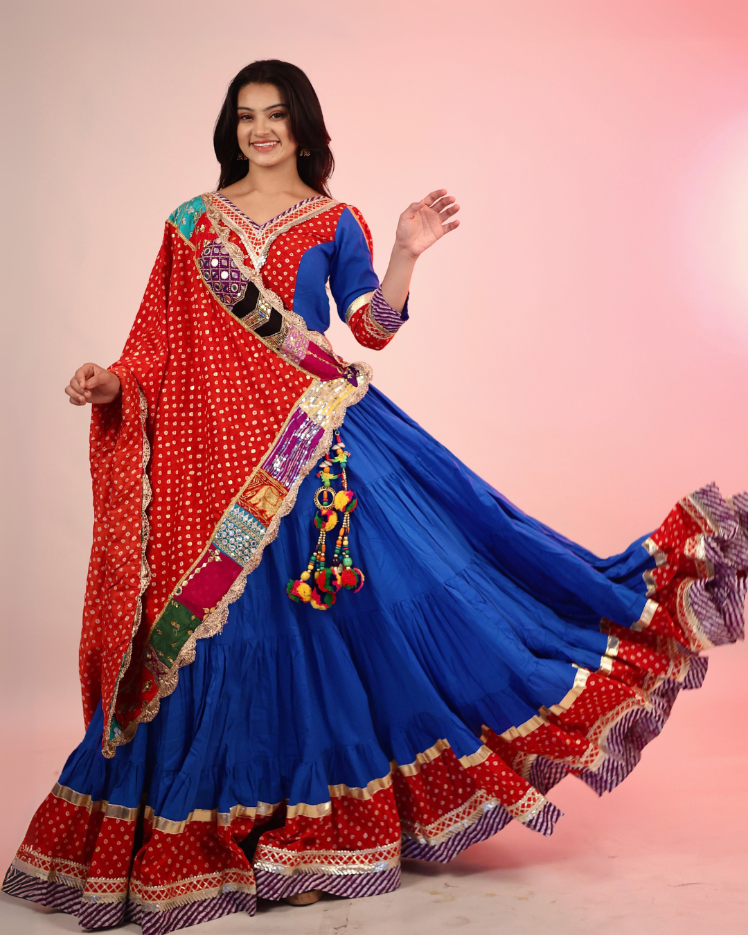 Royal Blue & Red Bandhani Chaniya Choli with Patchwork Dupatta
