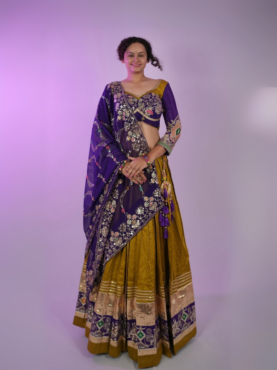 Royal Purple Mustard Mirrorwork Lehenga Set