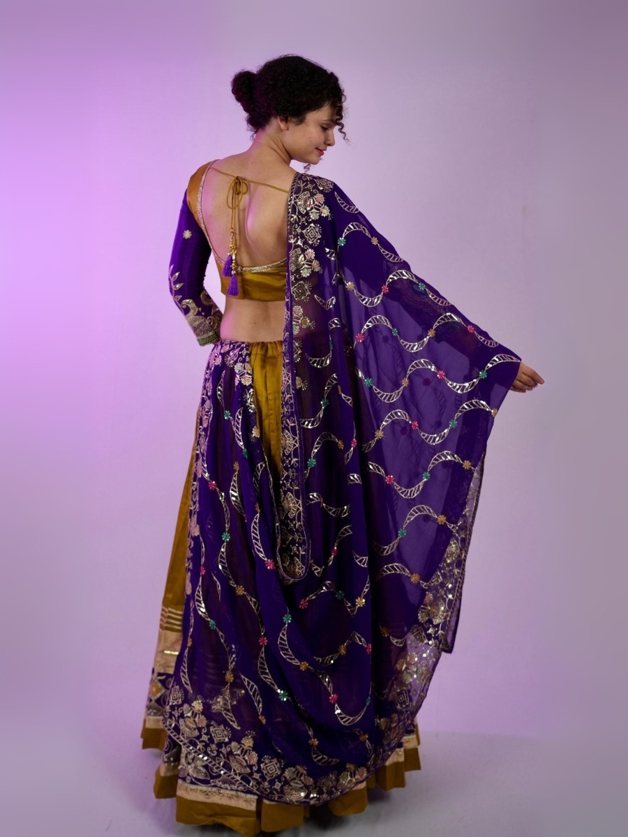 Royal Purple Mustard Mirrorwork Lehenga Set