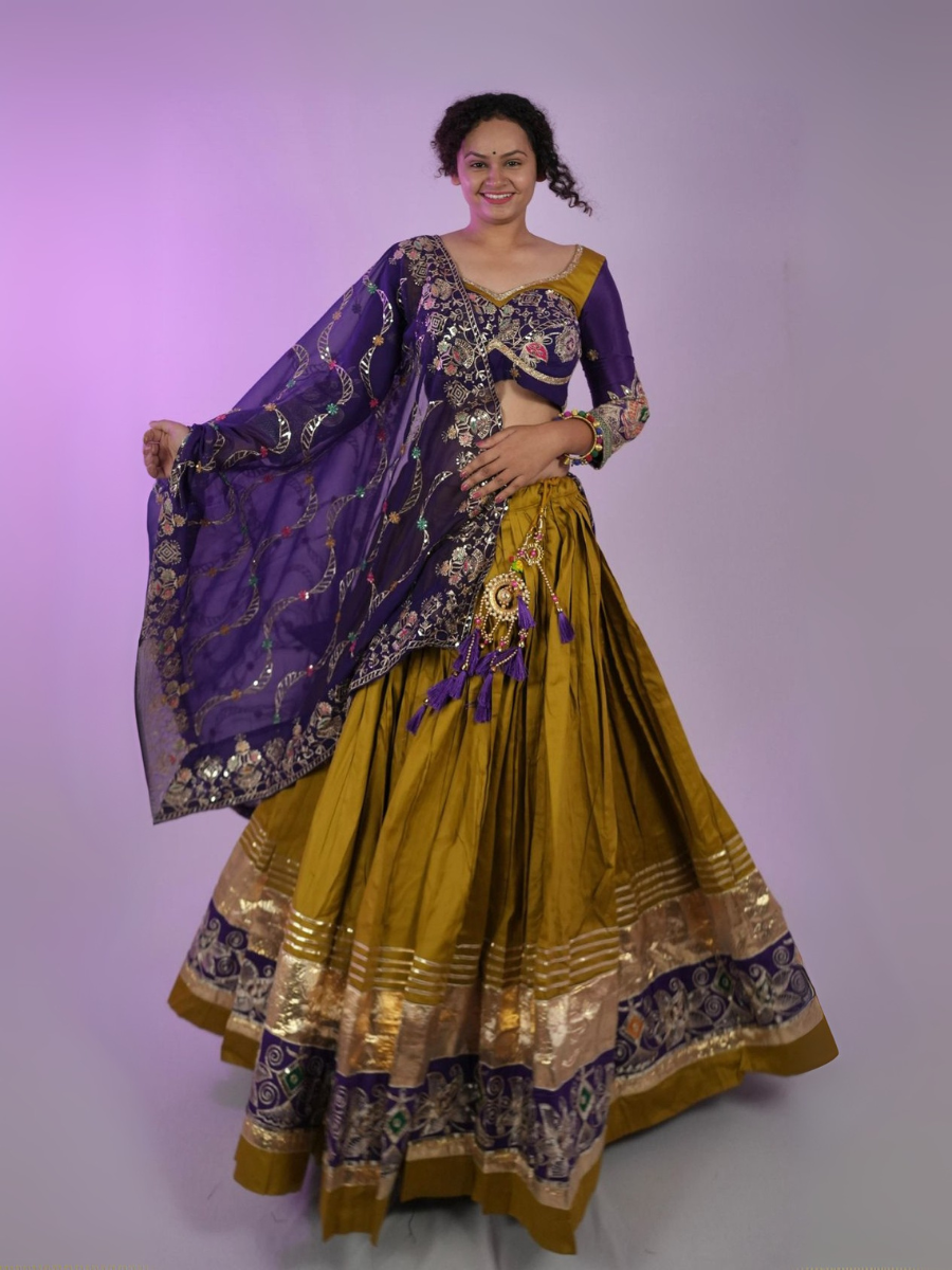 Royal Purple Mustard Mirrorwork Lehenga Set