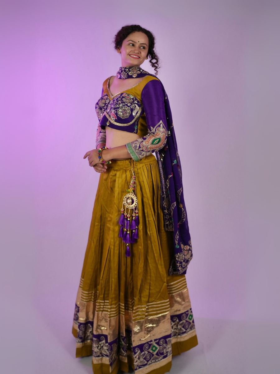Royal Purple Mustard Mirrorwork Lehenga Set