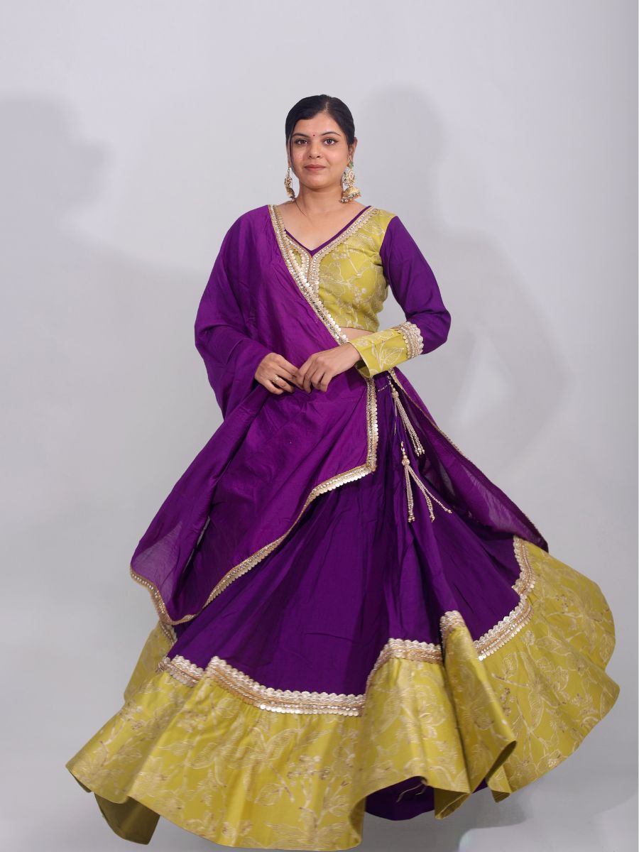 Royal Purple & Olive Glow – Embroidered Cotton Silk Lehenga Set