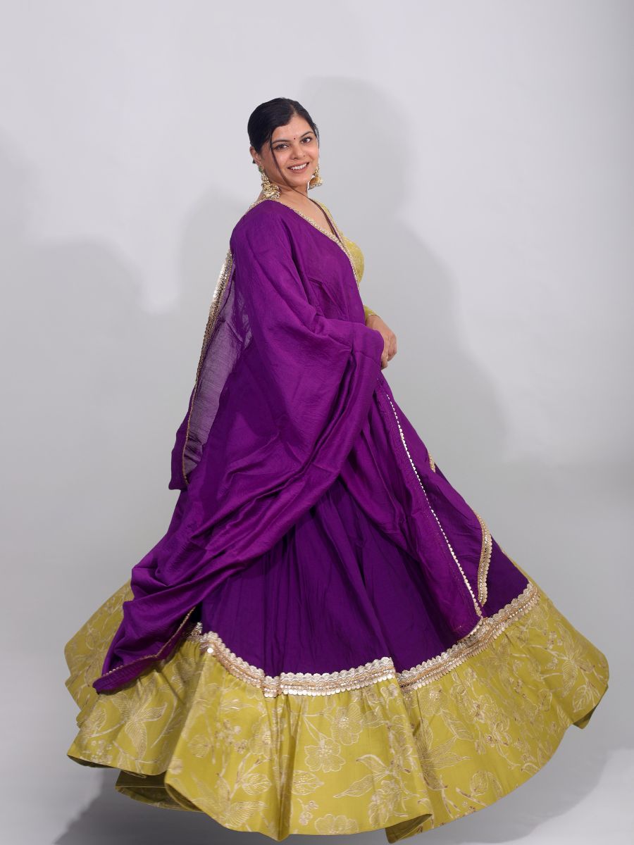Royal Purple & Olive Glow – Embroidered Cotton Silk Lehenga Set