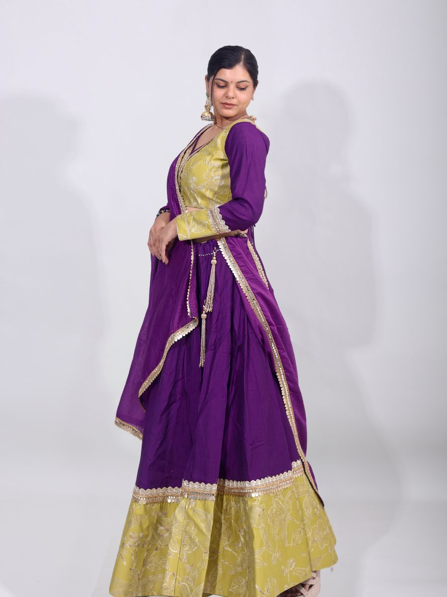 Royal Purple & Olive Glow – Embroidered Cotton Silk Lehenga Set