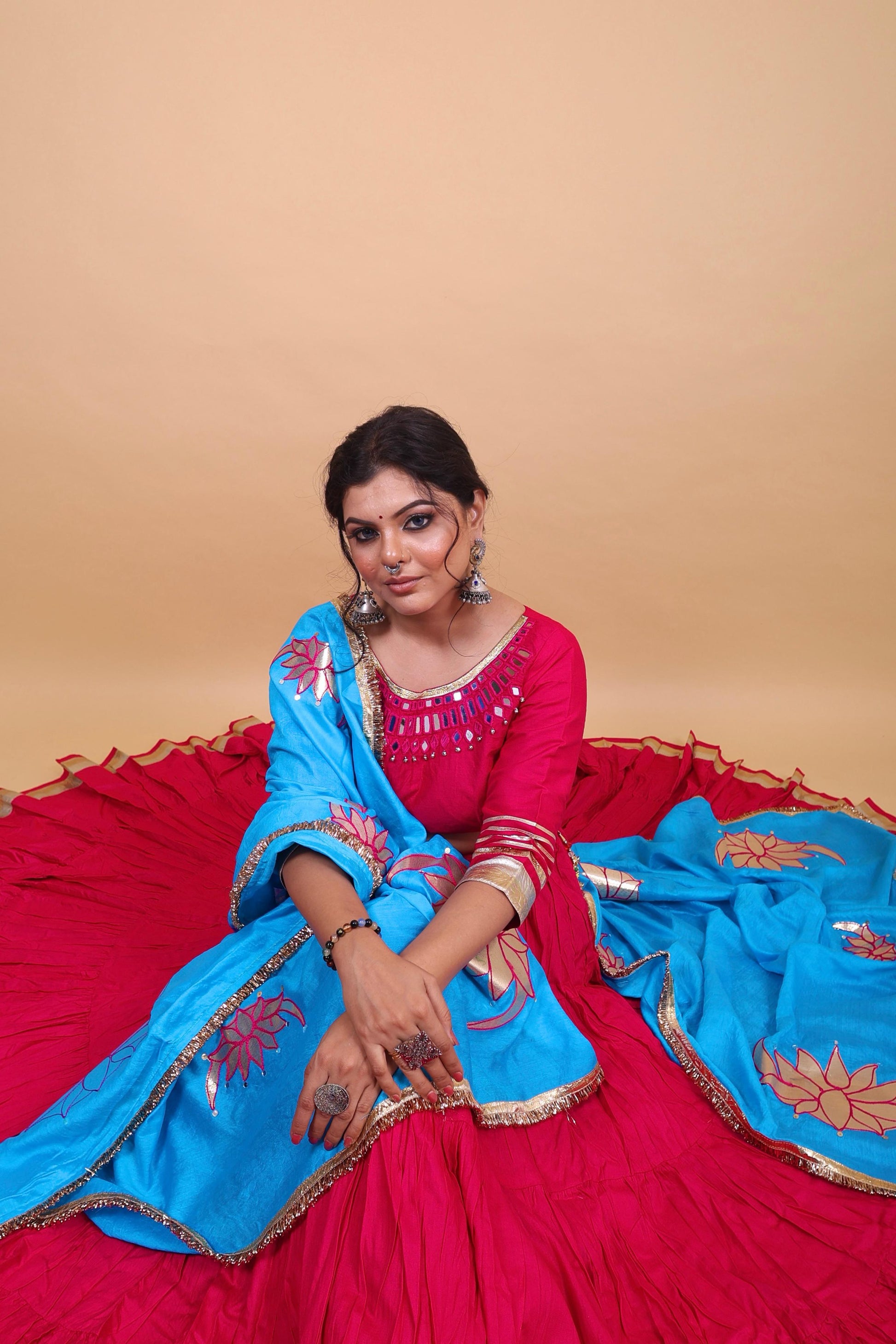 Scarlet Red & Sky Blue Lehenga Set with Mirror Lotus Work