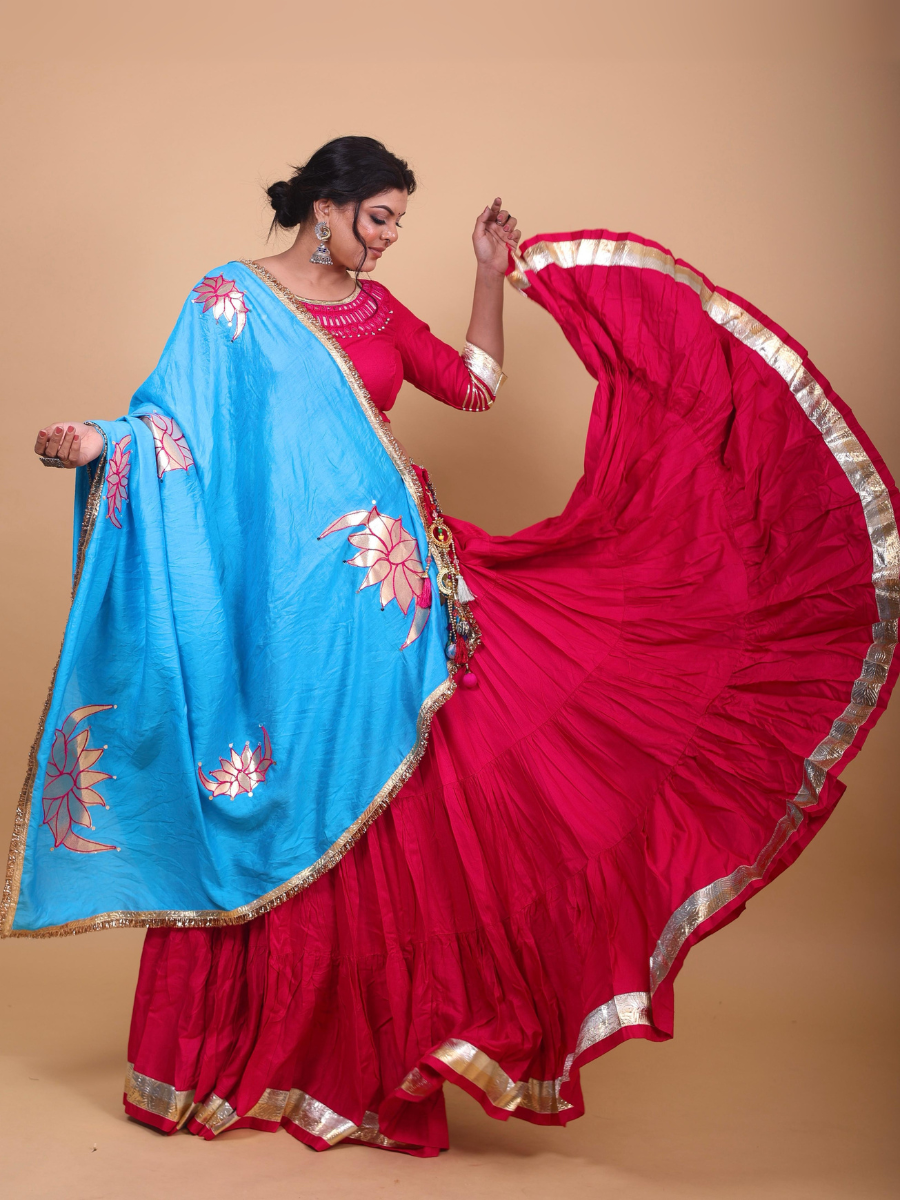Scarlet Red & Sky Blue Lehenga Set with Mirror Lotus Work