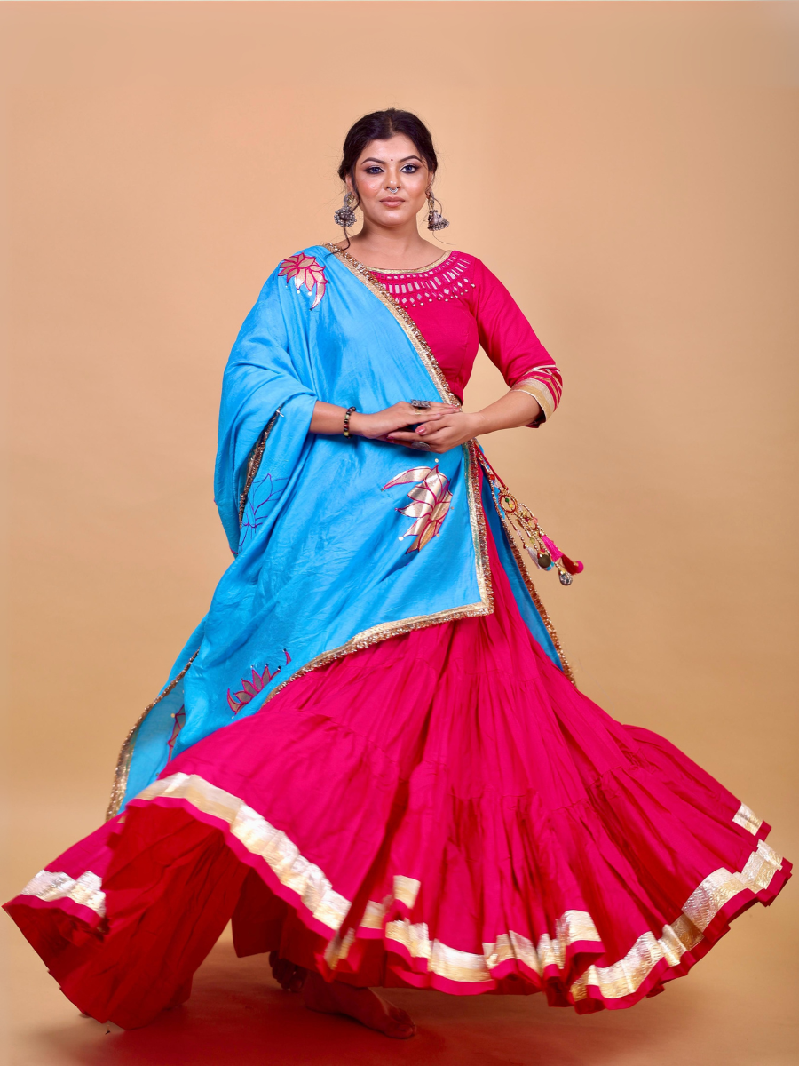 Scarlet Red & Sky Blue Lehenga Set with Mirror Lotus Work
