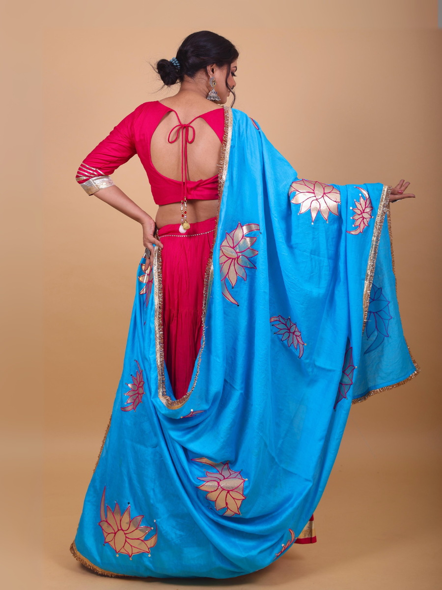 Scarlet Red & Sky Blue Lehenga Set with Mirror Lotus Work