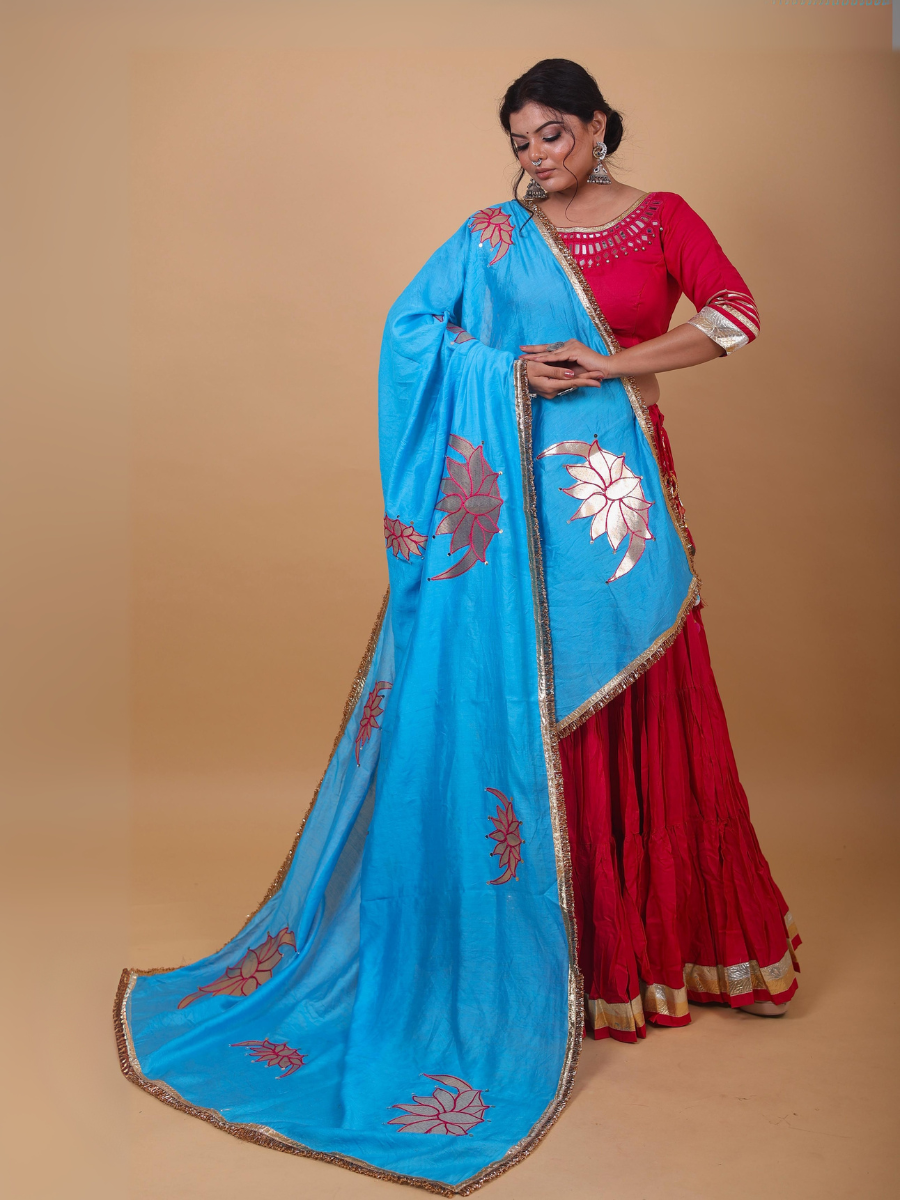 Scarlet Red & Sky Blue Lehenga Set with Mirror Lotus Work