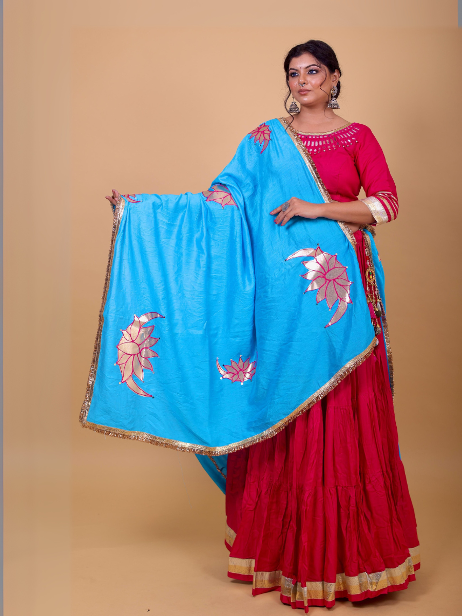 Scarlet Red & Sky Blue Lehenga Set with Mirror Lotus Work