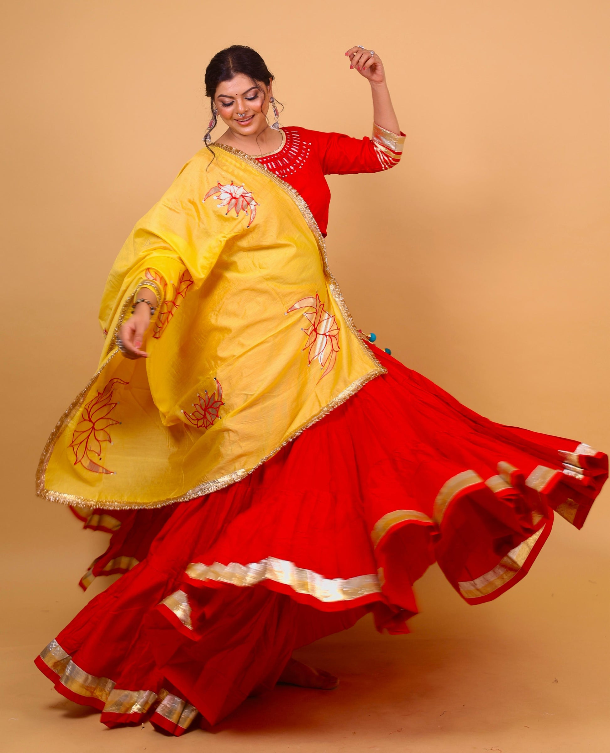 Scarlet Red & Sun Yellow Lehenga Set with Lotus Mirror Embroidery