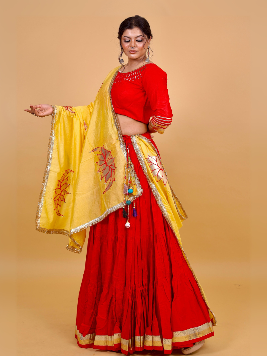 Scarlet Red & Sun Yellow Lehenga Set with Lotus Mirror Embroidery
