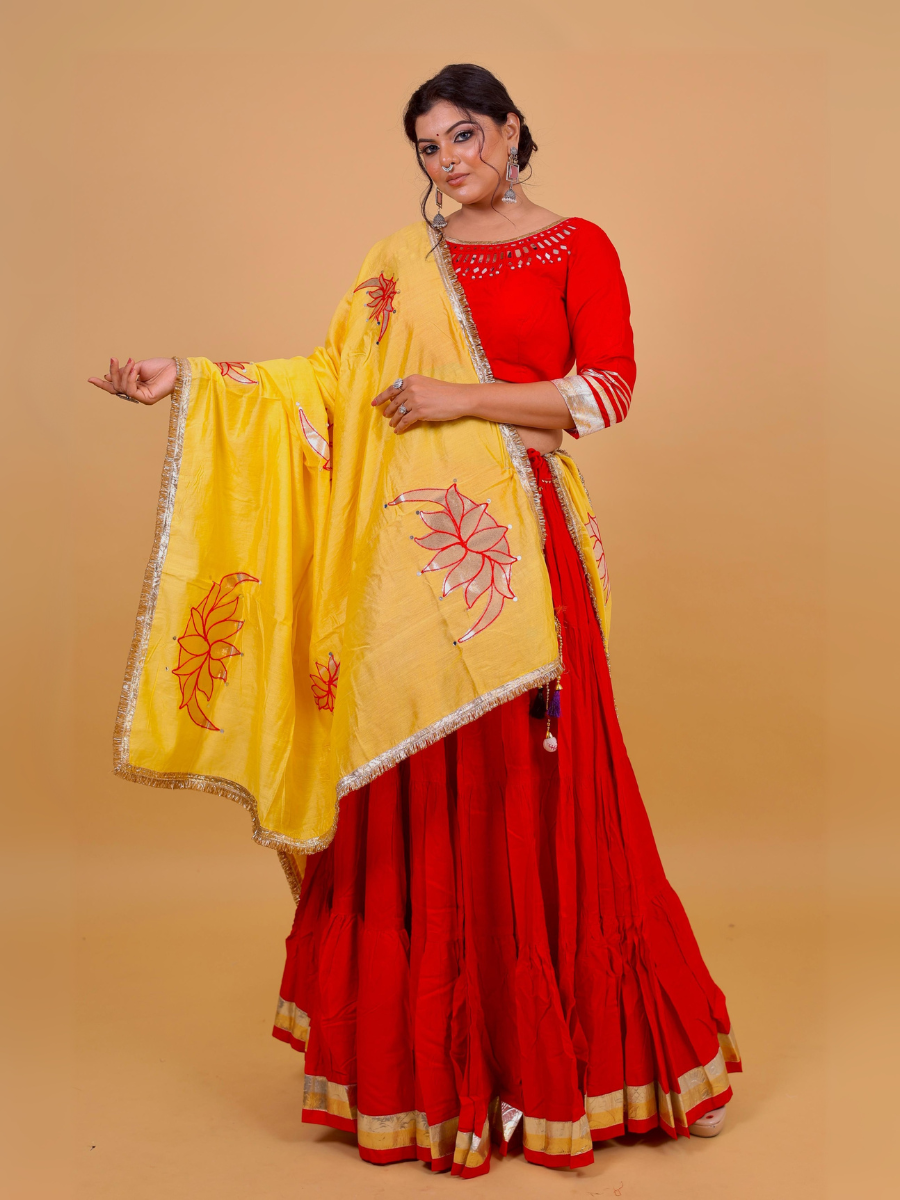 Scarlet Red & Sun Yellow Lehenga Set with Lotus Mirror Embroidery