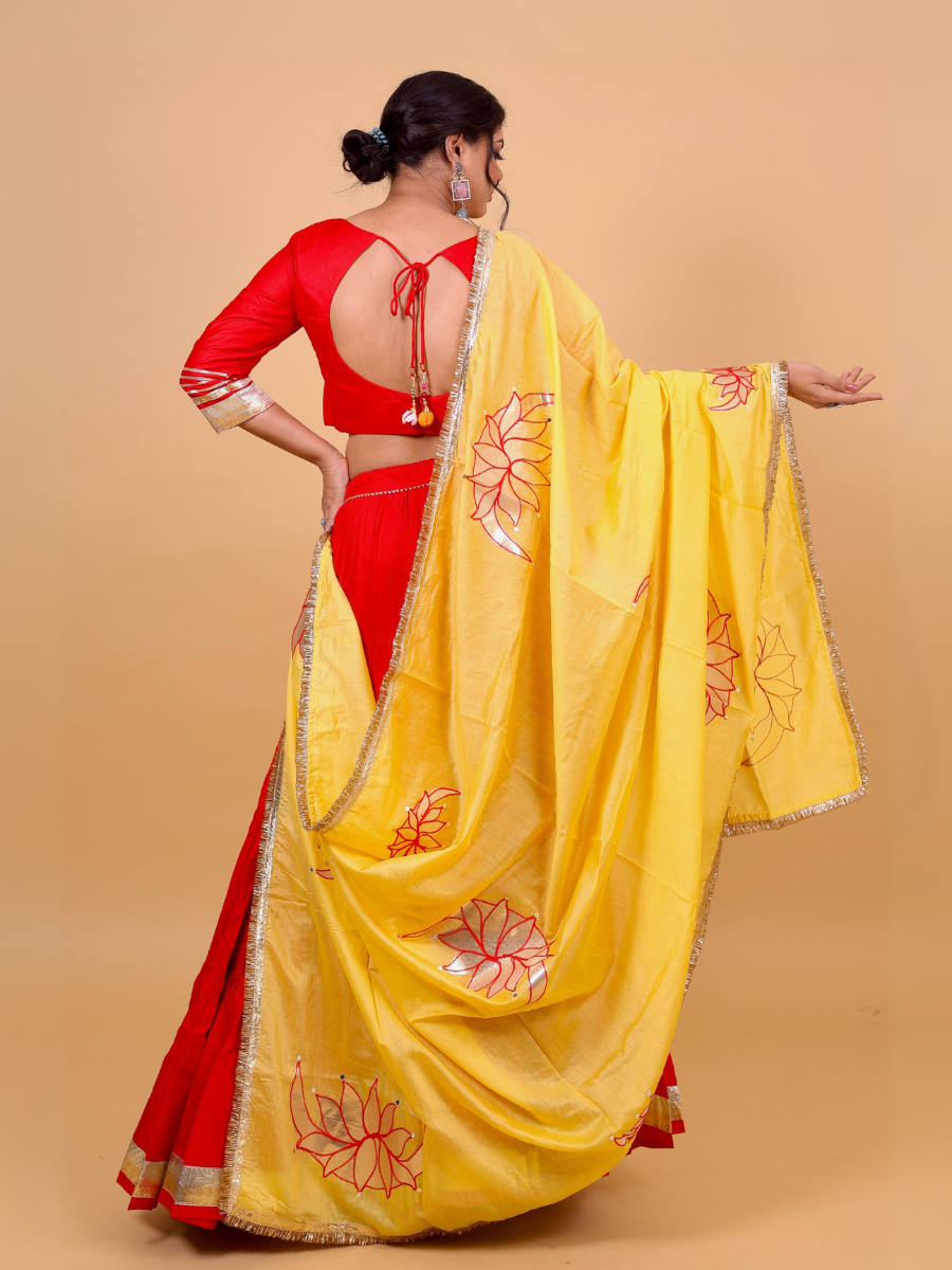 Scarlet Red & Sun Yellow Lehenga Set with Lotus Mirror Embroidery