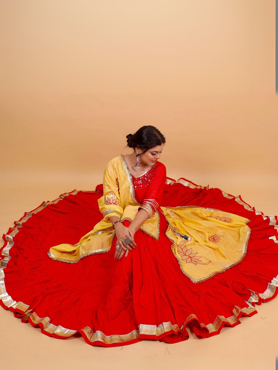 Scarlet Red & Sun Yellow Lehenga Set with Lotus Mirror Embroidery