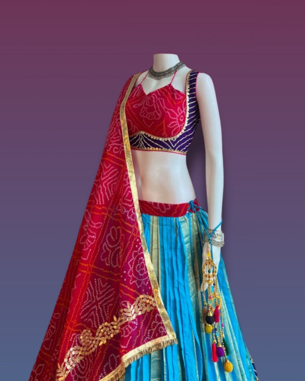 Sky Blue and Red Gujarati Navratri Chaniya Choli with Bandhani Print and Golden Border