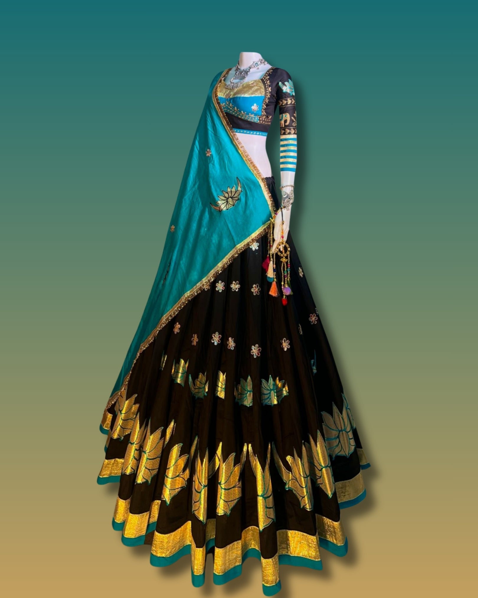 Teal & Black Royal Lotus Chaniya Choli