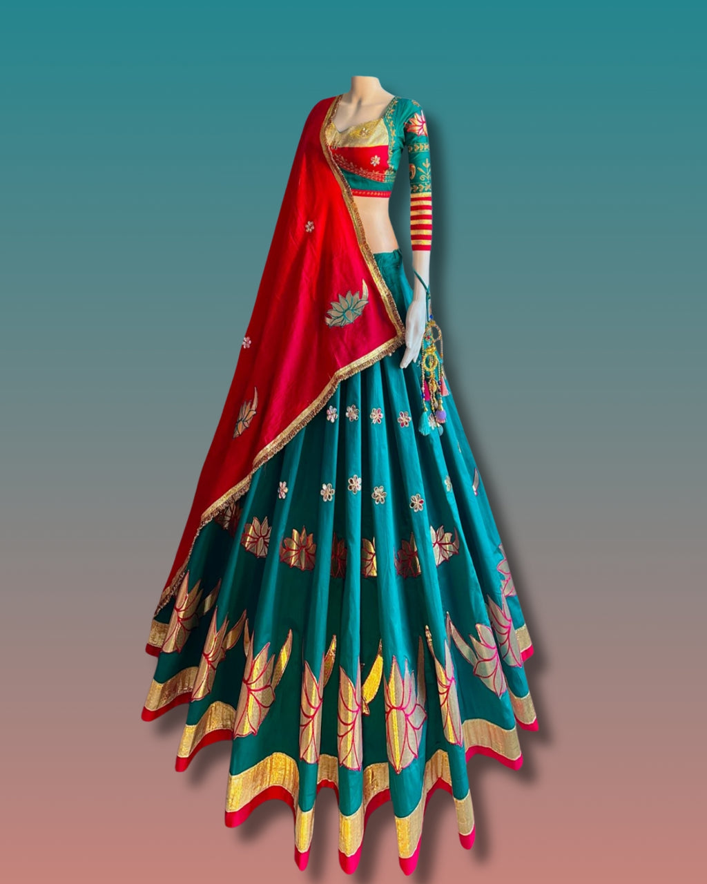 Teal & Red Lotus Embroidered Chaniya Choli