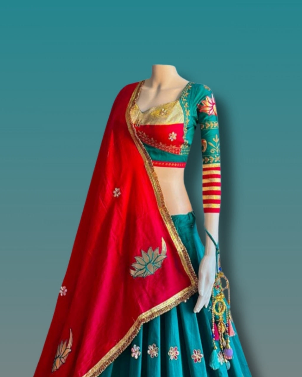 Teal & Red Lotus Embroidered Chaniya Choli