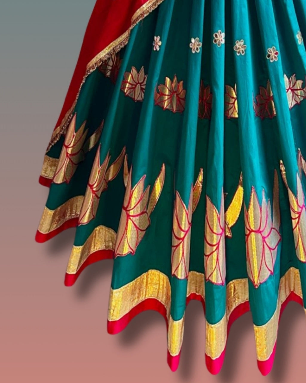 Teal & Red Lotus Embroidered Chaniya Choli