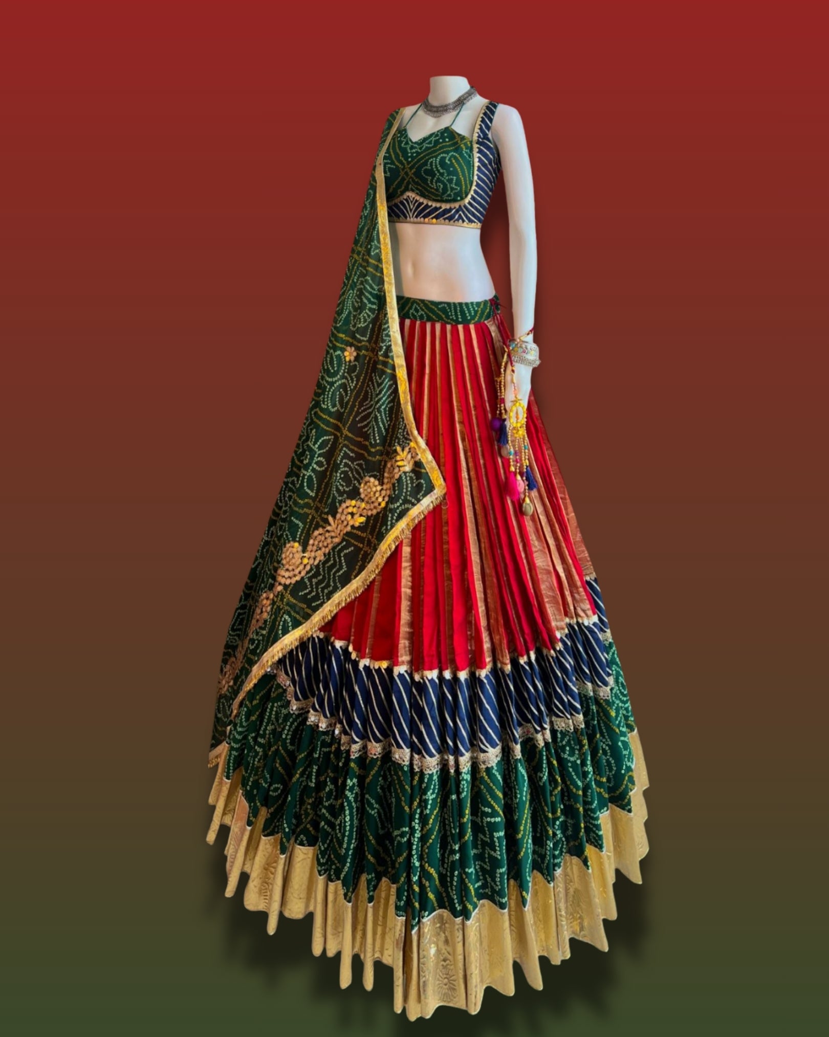 Traditional Green and Red Navratri Chaniya Choli with Bandhani Print and Golden Border