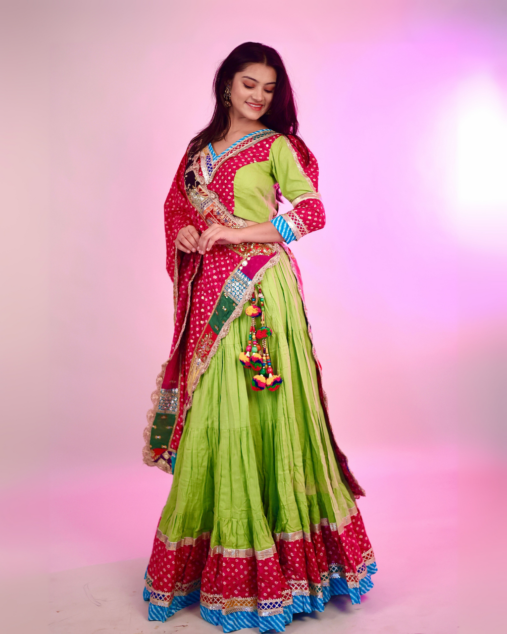 Vibrant Green & Red Bandhani Chaniya Choli with Dupatta
