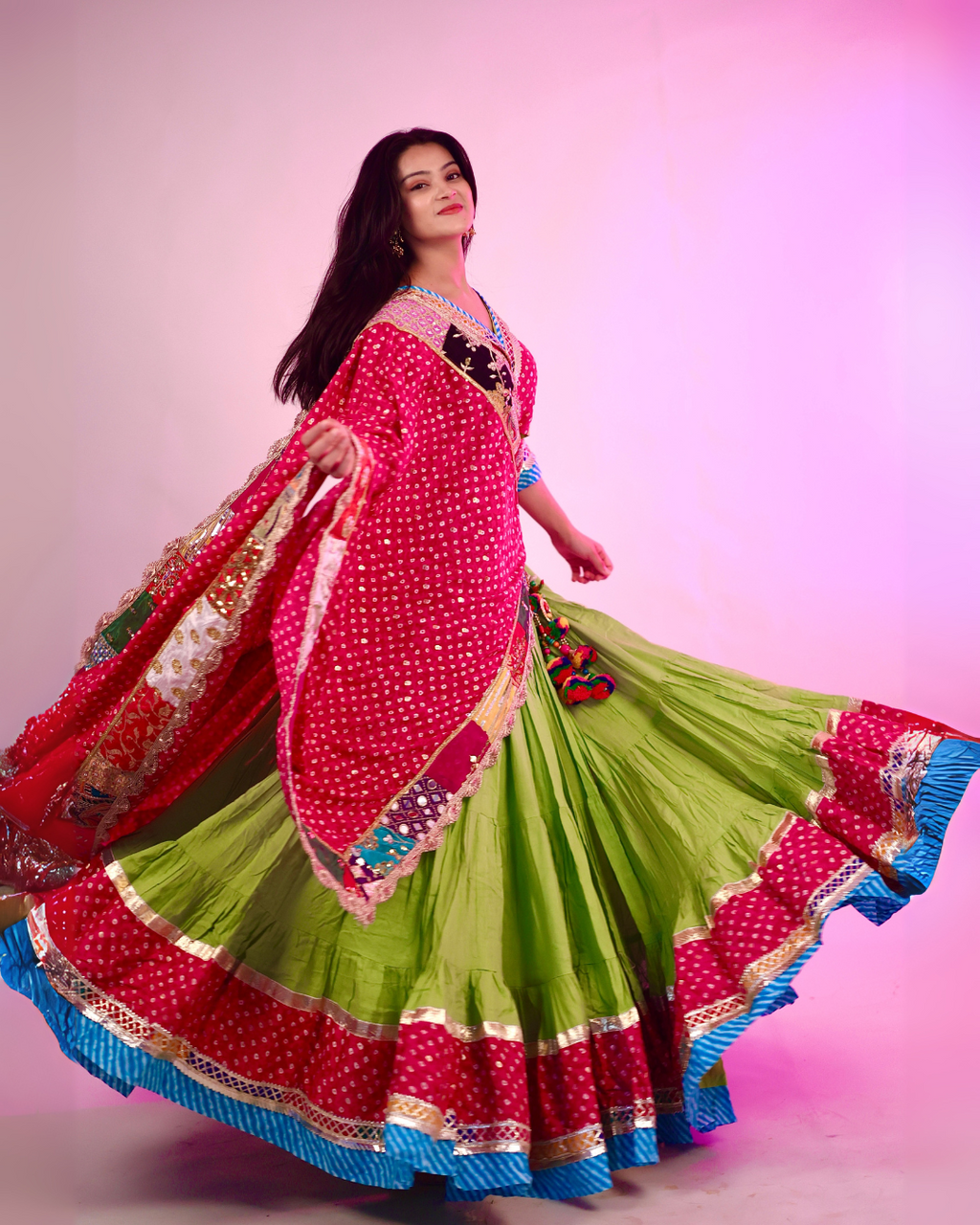Vibrant Green & Red Bandhani Chaniya Choli with Dupatta