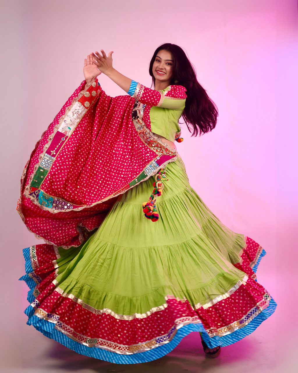 Vibrant Green & Red Bandhani Chaniya Choli with Dupatta