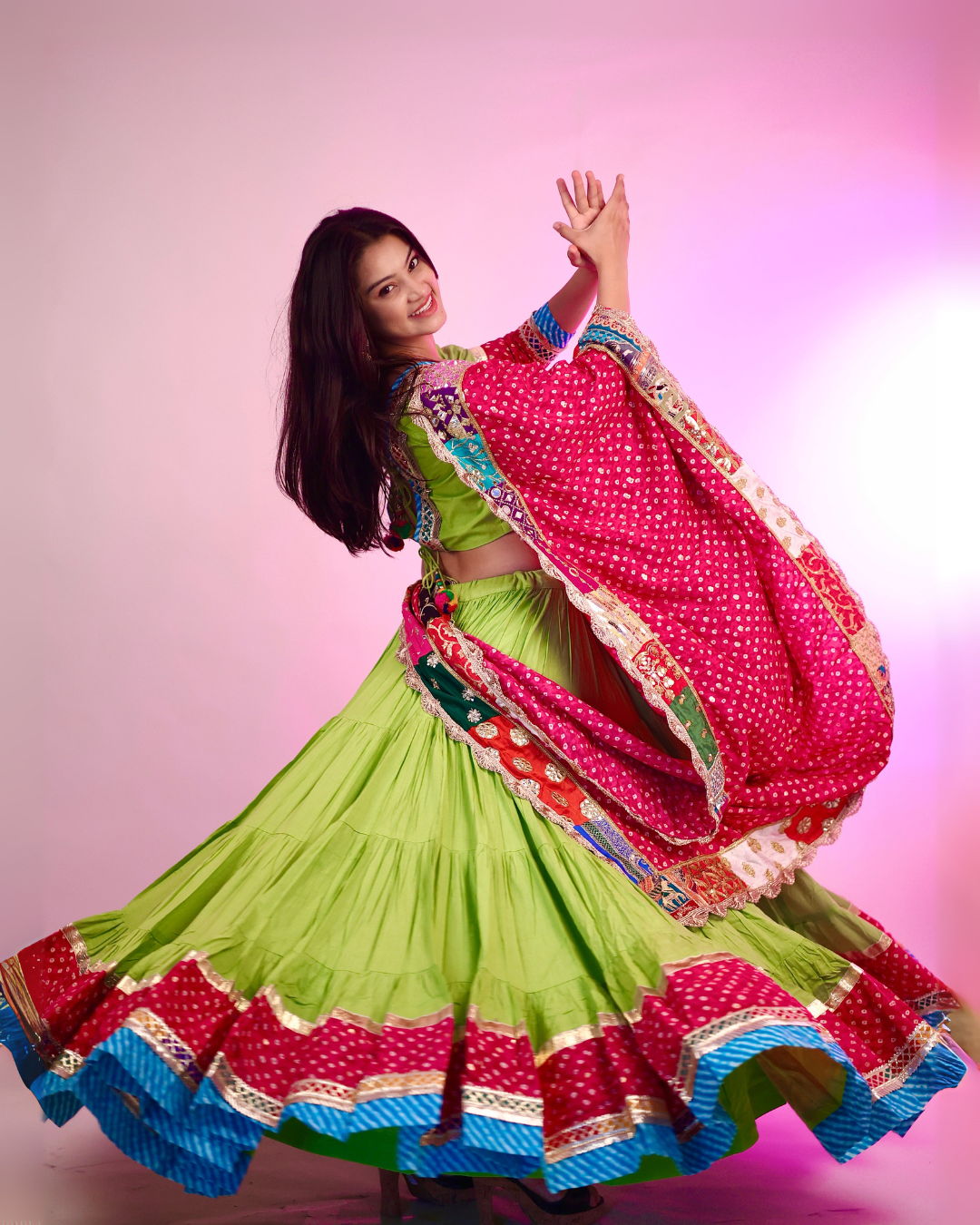 Vibrant Green & Red Bandhani Chaniya Choli with Dupatta