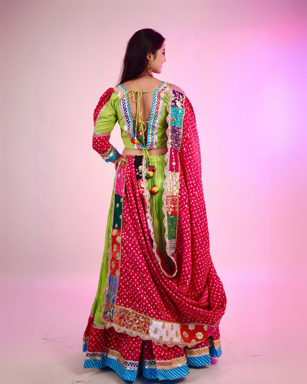 Vibrant Green & Red Bandhani Chaniya Choli with Dupatta
