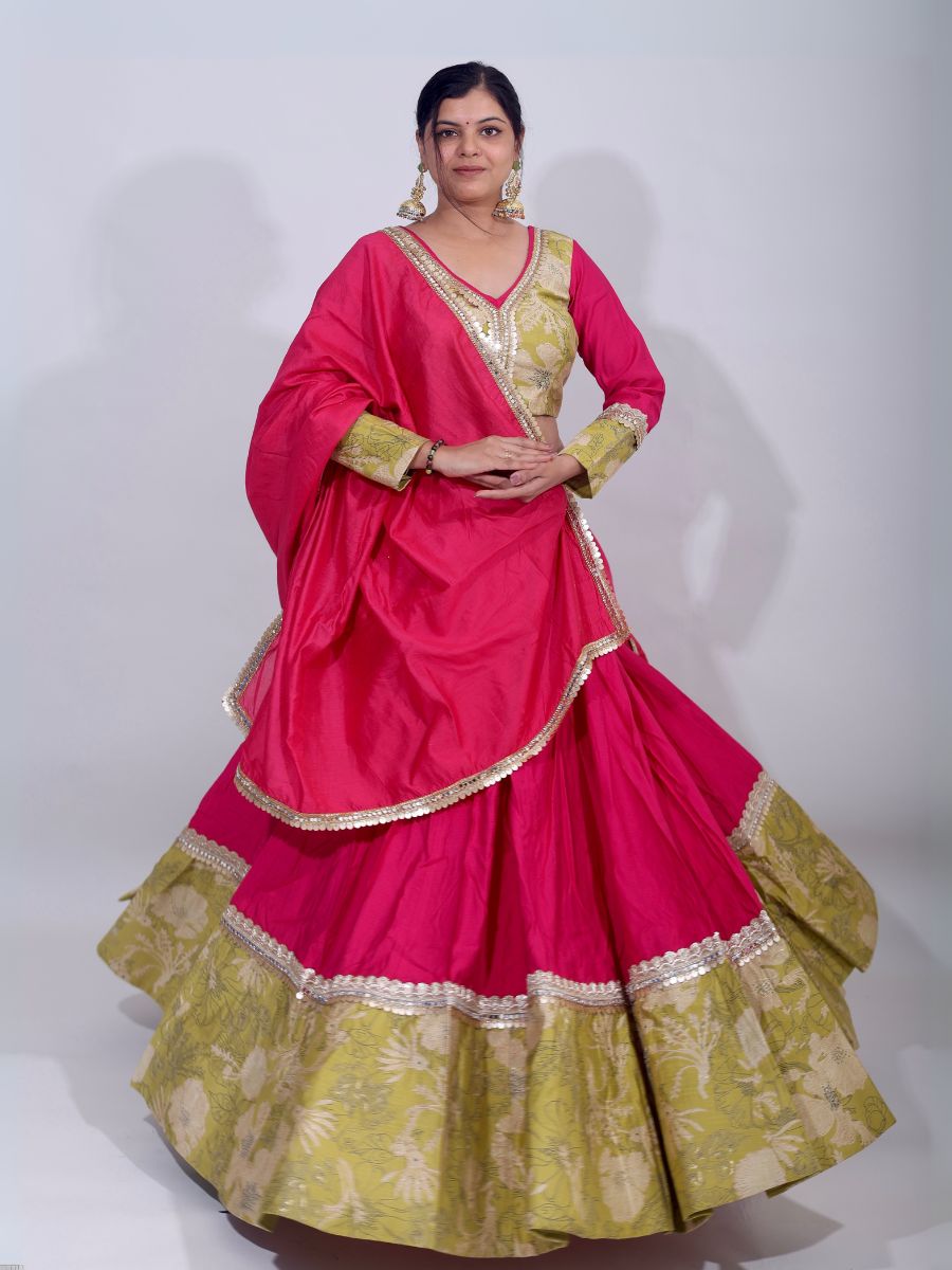 Vibrant Pink & Olive Elegance Embroidered Cotton Silk Lehenga Set