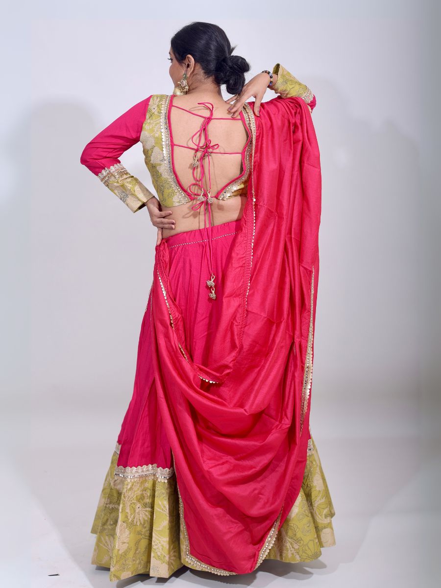 Vibrant Pink & Olive Elegance Embroidered Cotton Silk Lehenga Set