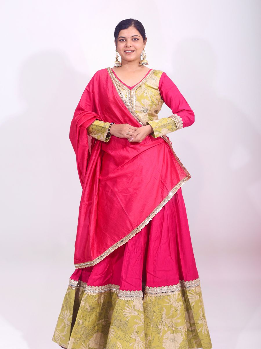 Vibrant Pink & Olive Elegance Embroidered Cotton Silk Lehenga Set