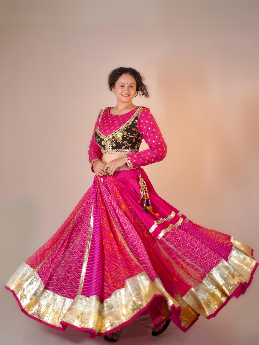 Vibrant Rani Pink Bandhani & Black Velvet Lehenga Set