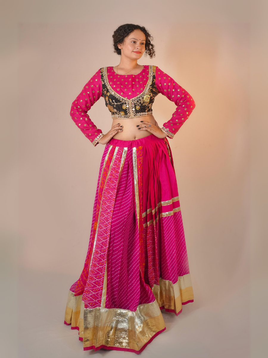 Vibrant Rani Pink Bandhani & Black Velvet Lehenga Set