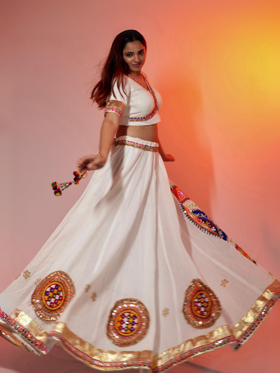 Vibrant White and Orange Traditional Lehenga with Kutchi Mirror Embroidery