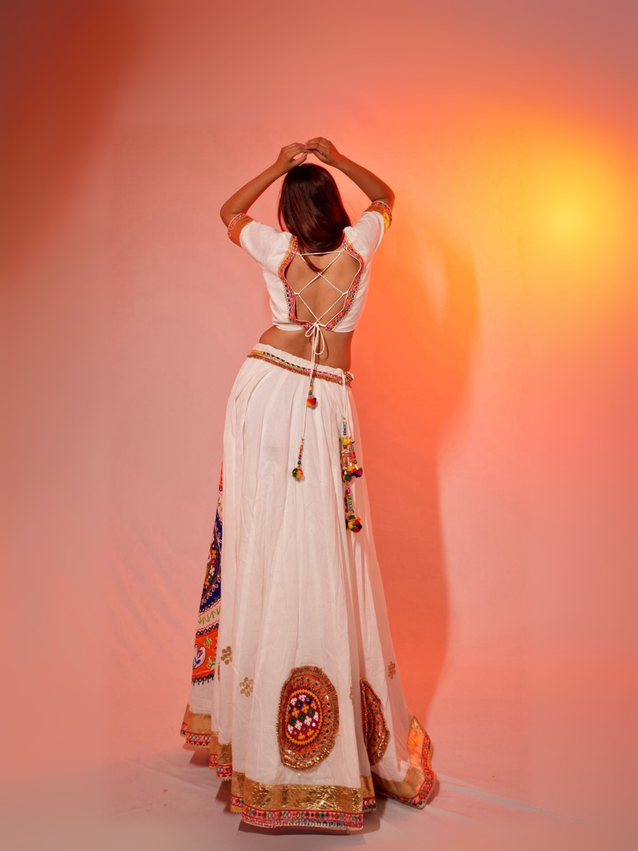 Vibrant White and Orange Traditional Lehenga with Kutchi Mirror Embroidery