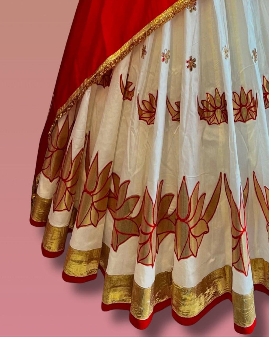 White & Red Lotus Embroidered Chaniya Choli