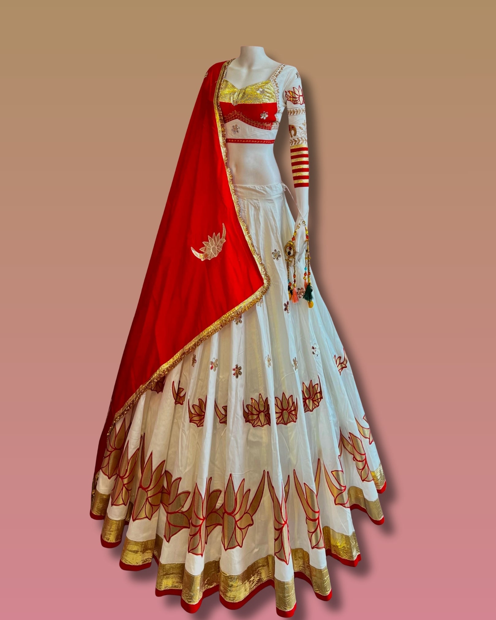 White & Red Lotus Embroidered Chaniya Choli