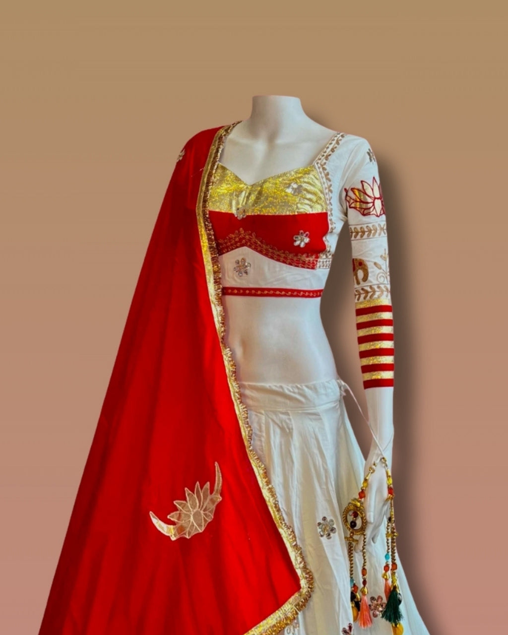 White & Red Lotus Embroidered Chaniya Choli