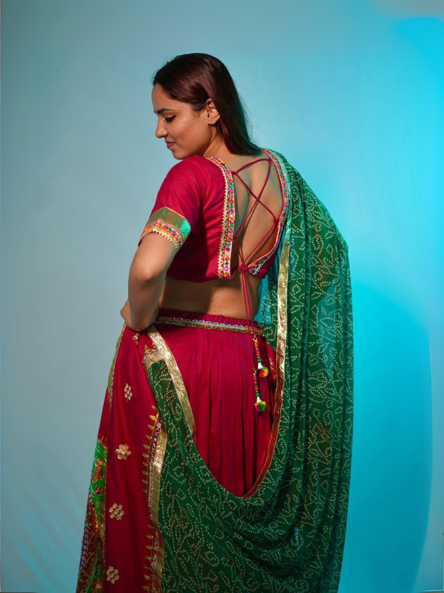 Wine-Pink Kutchi Embroidered Lehenga with Green Bandhani Dupatta